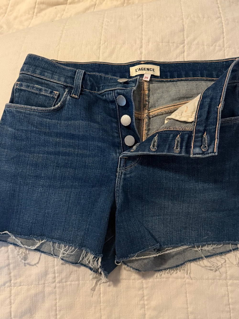 L'AGENCE Blue Denim Frayed Hem Cutoff Shorts Size 25